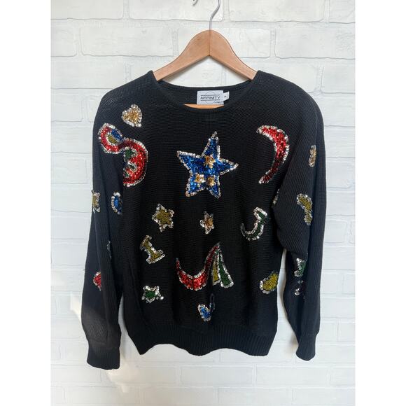 Affinity by Margo's Women's Black Sequin Vintage Holiday Sweater Star Moon sz M - Picture 3 of 6